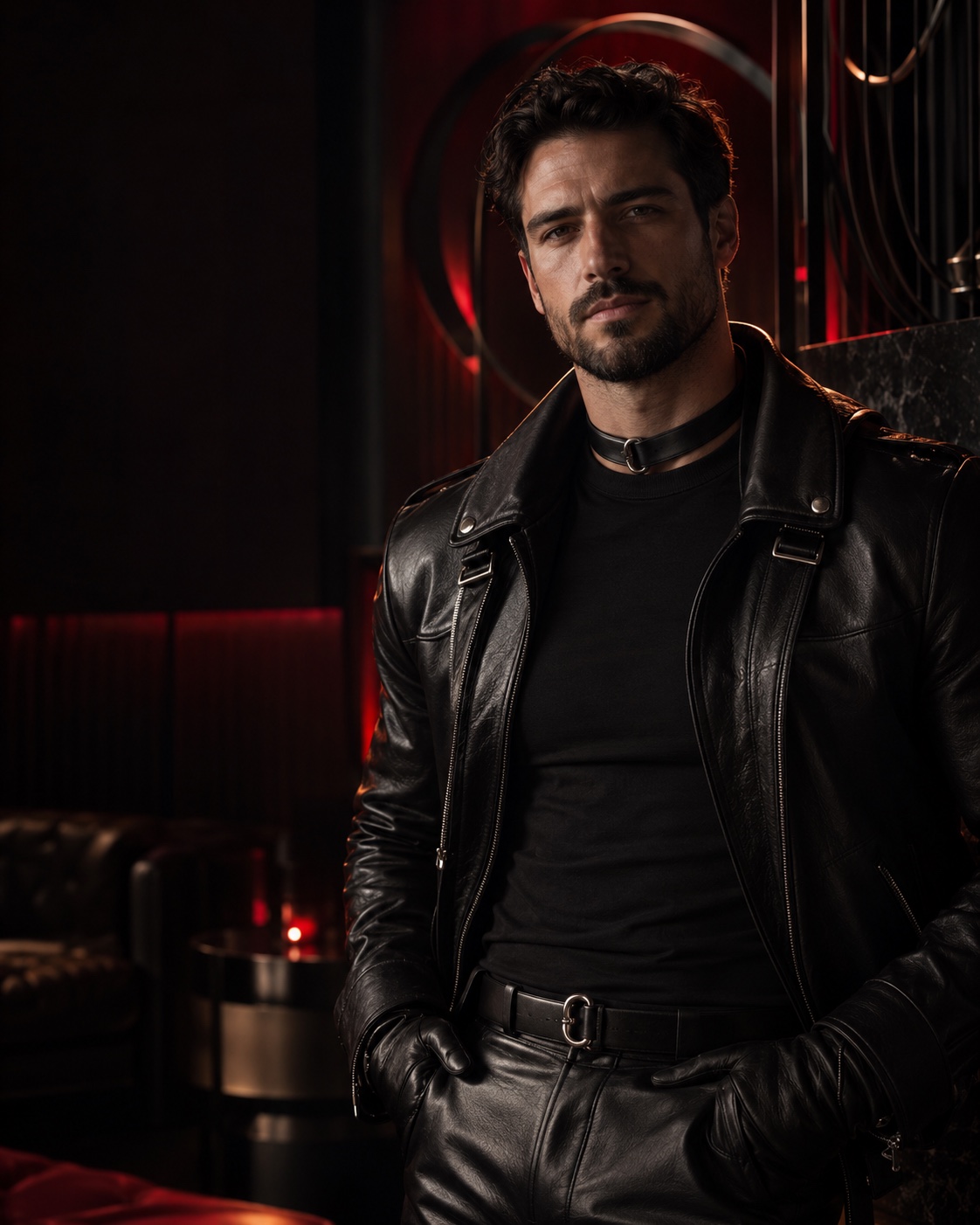 Adult man in black leather at a private club